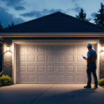 A photograph of a well-lit garage exterior at dusk