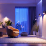 A photograph of a well-lit indoor space featuring various motion sensor lights in action