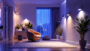 A photograph of a well-lit indoor space featuring various motion sensor lights in action