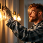 A photograph of a lighting contractor expertly installing sylvania light fixtures in a modern residential setting