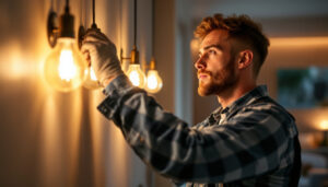 A photograph of a lighting contractor expertly installing sylvania light fixtures in a modern residential setting