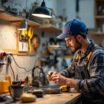 A photograph of a skilled lighting contractor working on a washing machine plug adapter installation