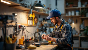 A photograph of a skilled lighting contractor working on a washing machine plug adapter installation