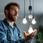 A photograph of a lighting contractor installing or inspecting a variety of 10v led bulbs in a residential or commercial setting