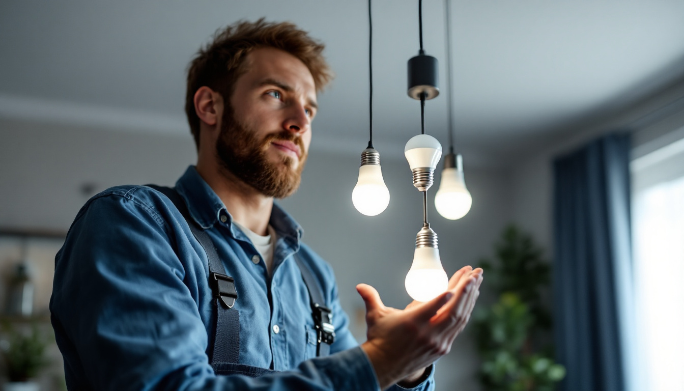 A photograph of a lighting contractor installing or inspecting a variety of 10v led bulbs in a residential or commercial setting