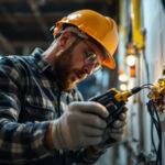 A photograph of a skilled lighting contractor using a pull wire tool in an industrial setting