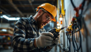 A photograph of a skilled lighting contractor using a pull wire tool in an industrial setting