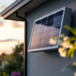 A photograph of a modern solar light panel installed in a beautifully landscaped outdoor setting