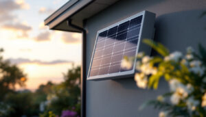 A photograph of a modern solar light panel installed in a beautifully landscaped outdoor setting