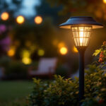 A photograph of a well-lit outdoor scene featuring a stylish solar lamp from walmart