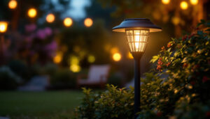 A photograph of a well-lit outdoor scene featuring a stylish solar lamp from walmart