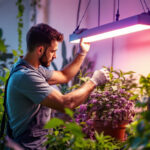 A photograph of a lighting contractor installing or adjusting a modern led grow light in a vibrant indoor garden or home plant setup
