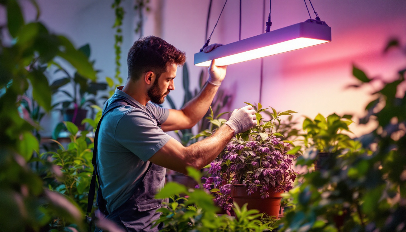 A photograph of a lighting contractor installing or adjusting a modern led grow light in a vibrant indoor garden or home plant setup