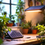 A photograph of a solar-powered grow lamp in a vibrant indoor garden setting