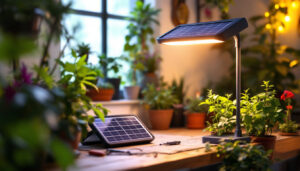 A photograph of a solar-powered grow lamp in a vibrant indoor garden setting