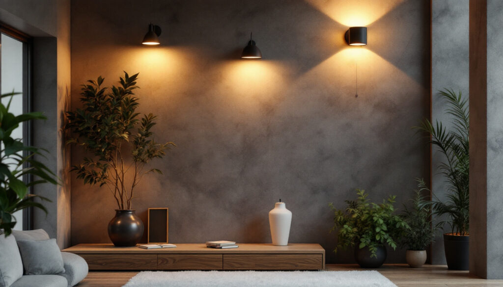A photograph of a beautifully designed interior space featuring various styles of wall lights
