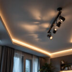 A photograph of a modern ceiling adorned with stylish spotlights