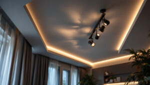A photograph of a modern ceiling adorned with stylish spotlights