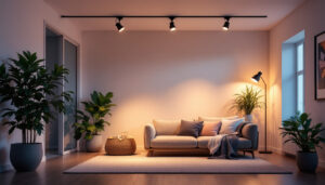 A photograph of a well-lit interior space showcasing adjustable can lights in action