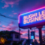A photograph of a vibrant solar-powered double-sided led business sign illuminated at dusk