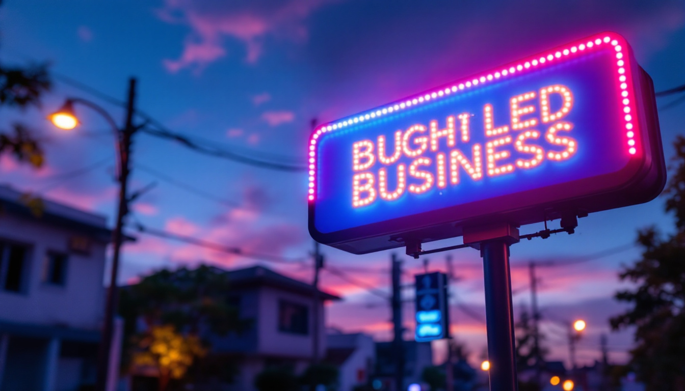 A photograph of a vibrant solar-powered double-sided led business sign illuminated at dusk