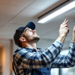 A photograph of a lighting contractor expertly replacing a fluorescent light fixture with a sleek led light