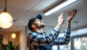 A photograph of a lighting contractor expertly replacing a fluorescent light fixture with a sleek led light