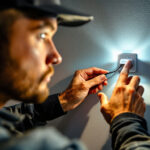 A photograph of a lighting contractor installing a light sensor switch in a residential setting