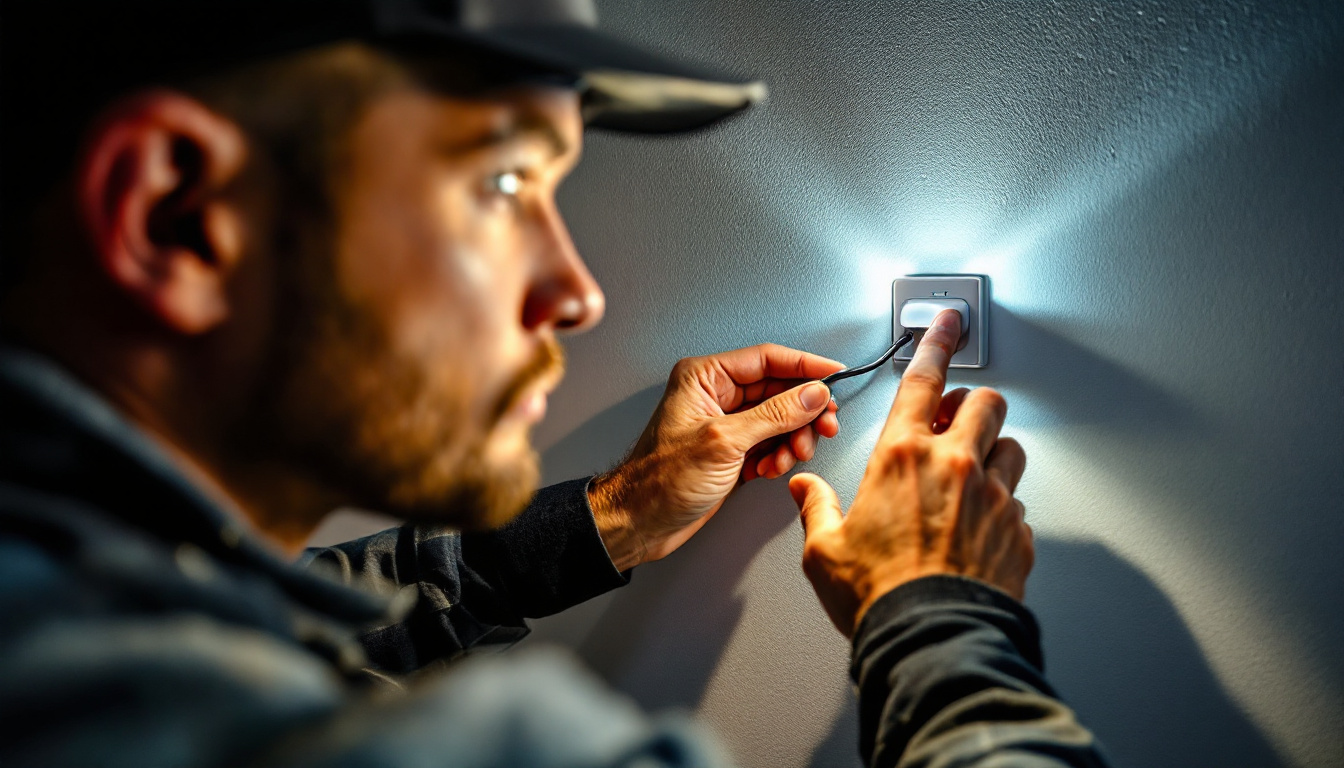 A photograph of a lighting contractor installing a light sensor switch in a residential setting