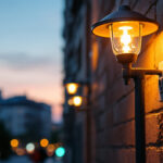 A photograph of a stylish lamp post with an integrated electrical outlet