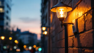 A photograph of a stylish lamp post with an integrated electrical outlet
