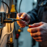 A photograph of a skilled lighting contractor demonstrating the installation of plug locks on electrical plugs