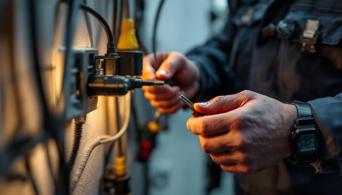 A photograph of a skilled lighting contractor demonstrating the installation of plug locks on electrical plugs