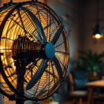 A photograph of a robust industrial fan installed in a well-lit workspace