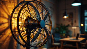 A photograph of a robust industrial fan installed in a well-lit workspace