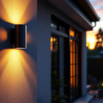 A photograph of a beautifully illuminated outdoor wall light installed on a stylish house exterior during twilight