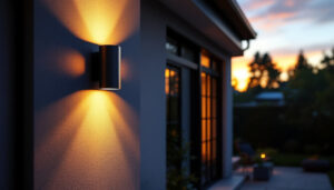 A photograph of a beautifully illuminated outdoor wall light installed on a stylish house exterior during twilight