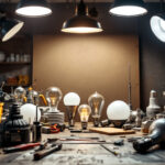 A photograph of a well-lit workspace featuring a variety of metal halide bulbs in different shapes and sizes