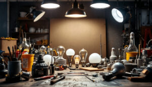 A photograph of a well-lit workspace featuring a variety of metal halide bulbs in different shapes and sizes