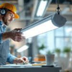 A photograph of a lighting contractor installing or adjusting a fluorescent tube light diffuser in a well-lit workspace