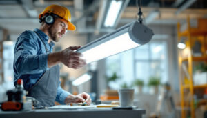 A photograph of a lighting contractor installing or adjusting a fluorescent tube light diffuser in a well-lit workspace
