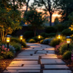 A photograph of a beautifully landscaped garden at dusk