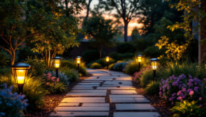 A photograph of a beautifully landscaped garden at dusk
