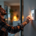 A photograph of a professional lighting contractor installing a motion-activated light switch in a modern home setting