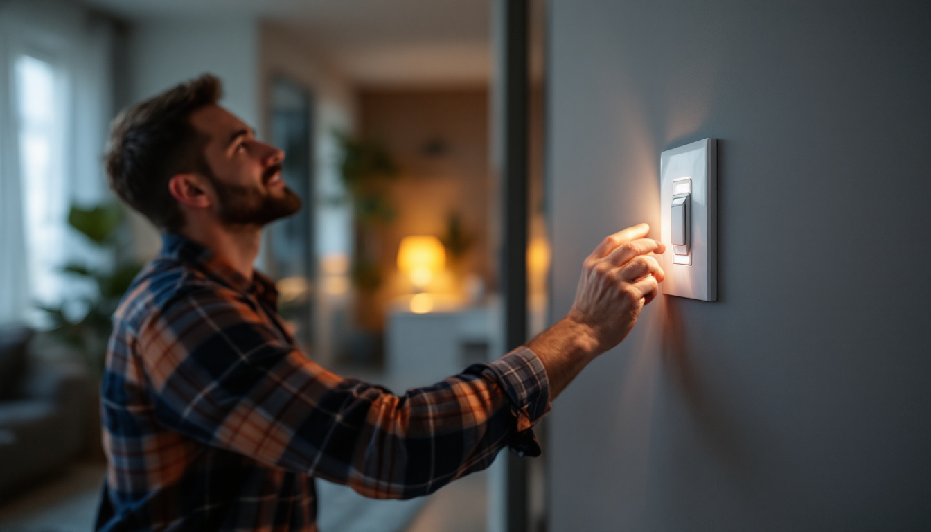 A photograph of a professional lighting contractor installing a motion-activated light switch in a modern home setting