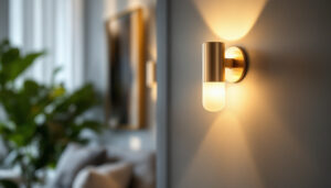 A photograph of a stylish large wall sconce elegantly illuminating a modern interior space