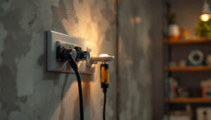 A photograph of a skilled lighting contractor installing a 4 wall outlet in a well-lit room