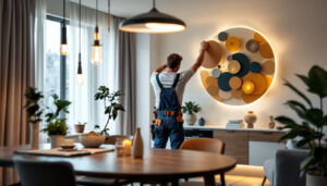 A photograph of a modern lighting contractor in action