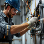 A photograph of a skilled lighting contractor working on an ac electrical supply installation