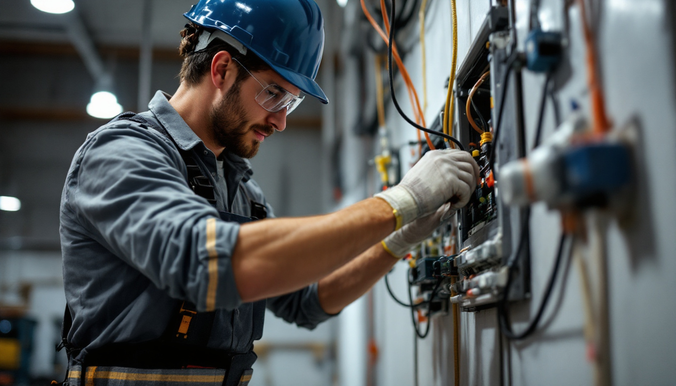 A photograph of a skilled lighting contractor working on an ac electrical supply installation